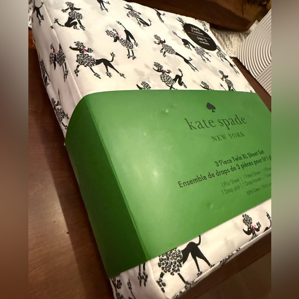 NWT! ♠️ Kate Spade Black/White Poodle Print Sheet Set Twin XL. College Dorm size - Picture 4 of 6